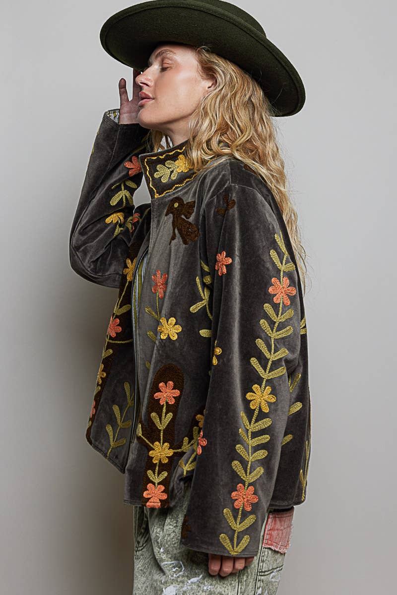 Vine Embroidery Floral Open-Front Closure Velvet Jacket