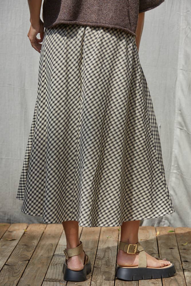 Woven Cotton Polyester Gingham Flare Midi Skirt