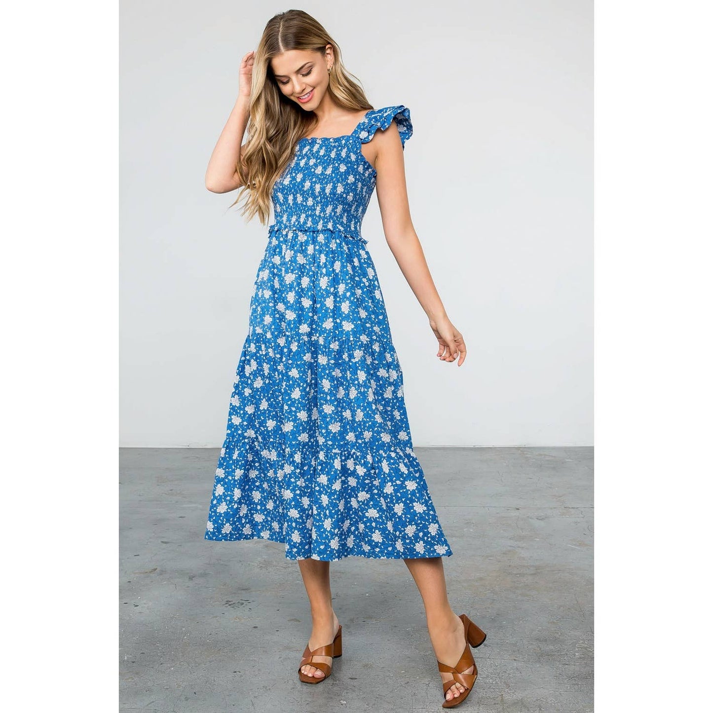 Smocked Tiered Flower Print Dress 