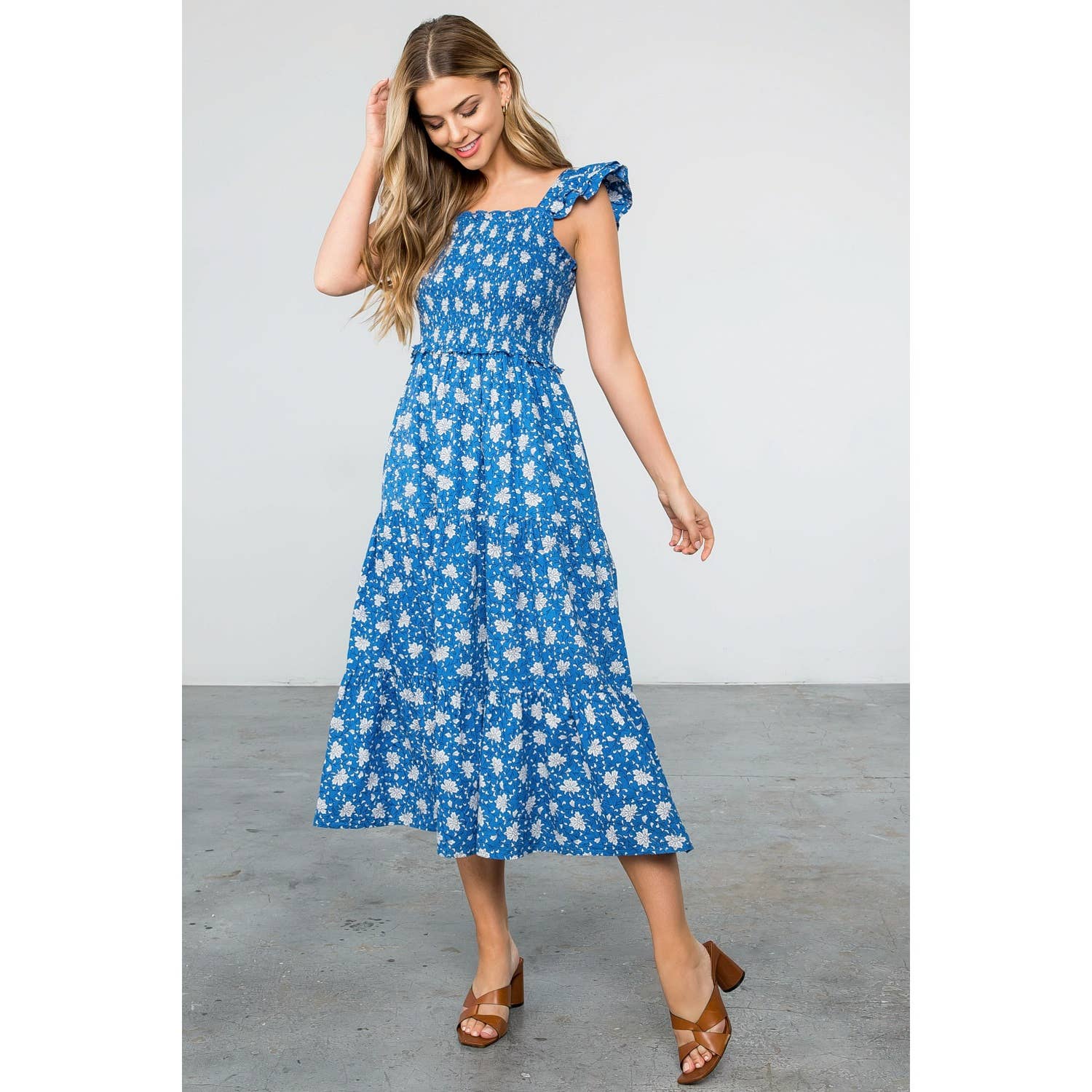 Smocked Tiered Flower Print Dress 