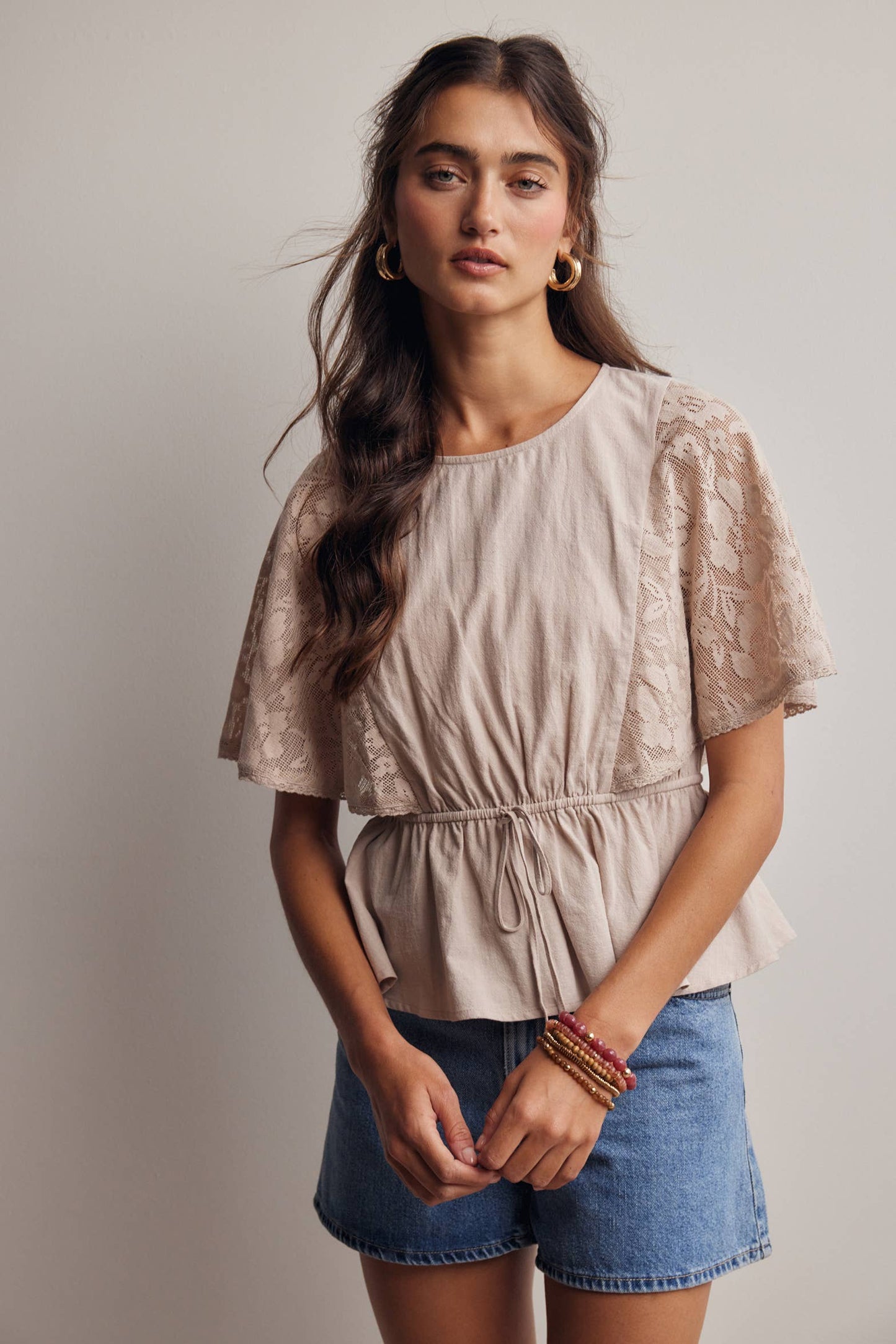 Lace Cape Sleeve Cotton Peplum Top