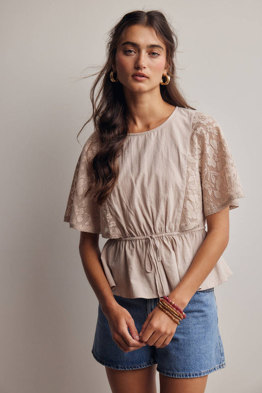 Lace Cape Sleeve Cotton Peplum Top