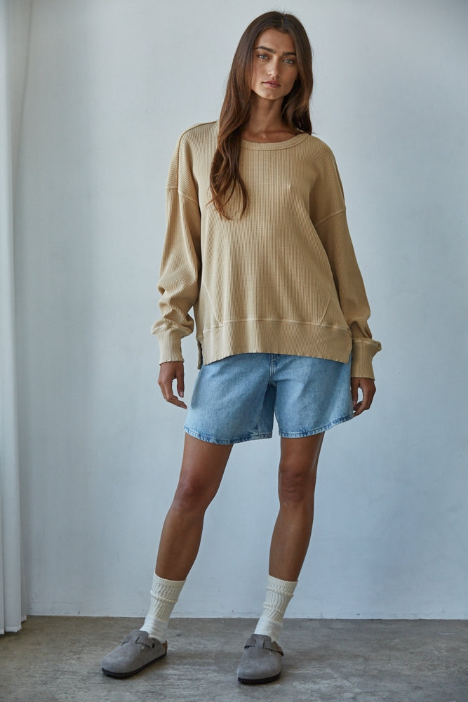 Knit Drop Shoulder Long Sleeve Top with Side Slits: Dusty Gold