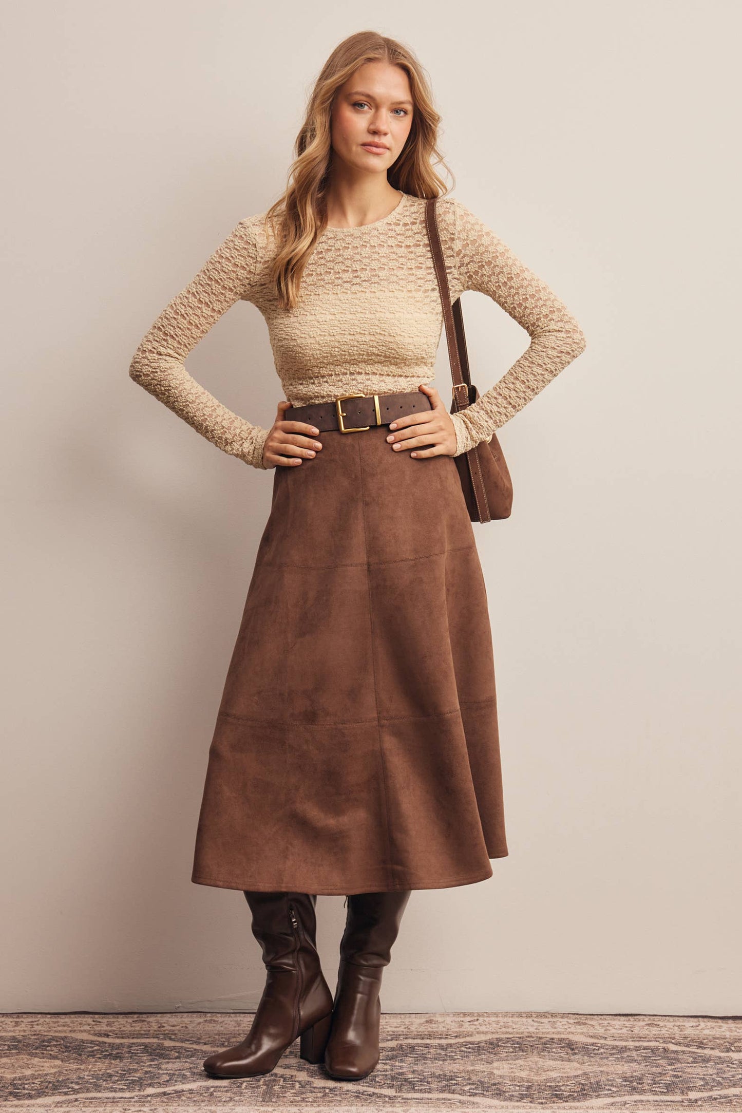 Stretched Suede A-Line Midi Skirt