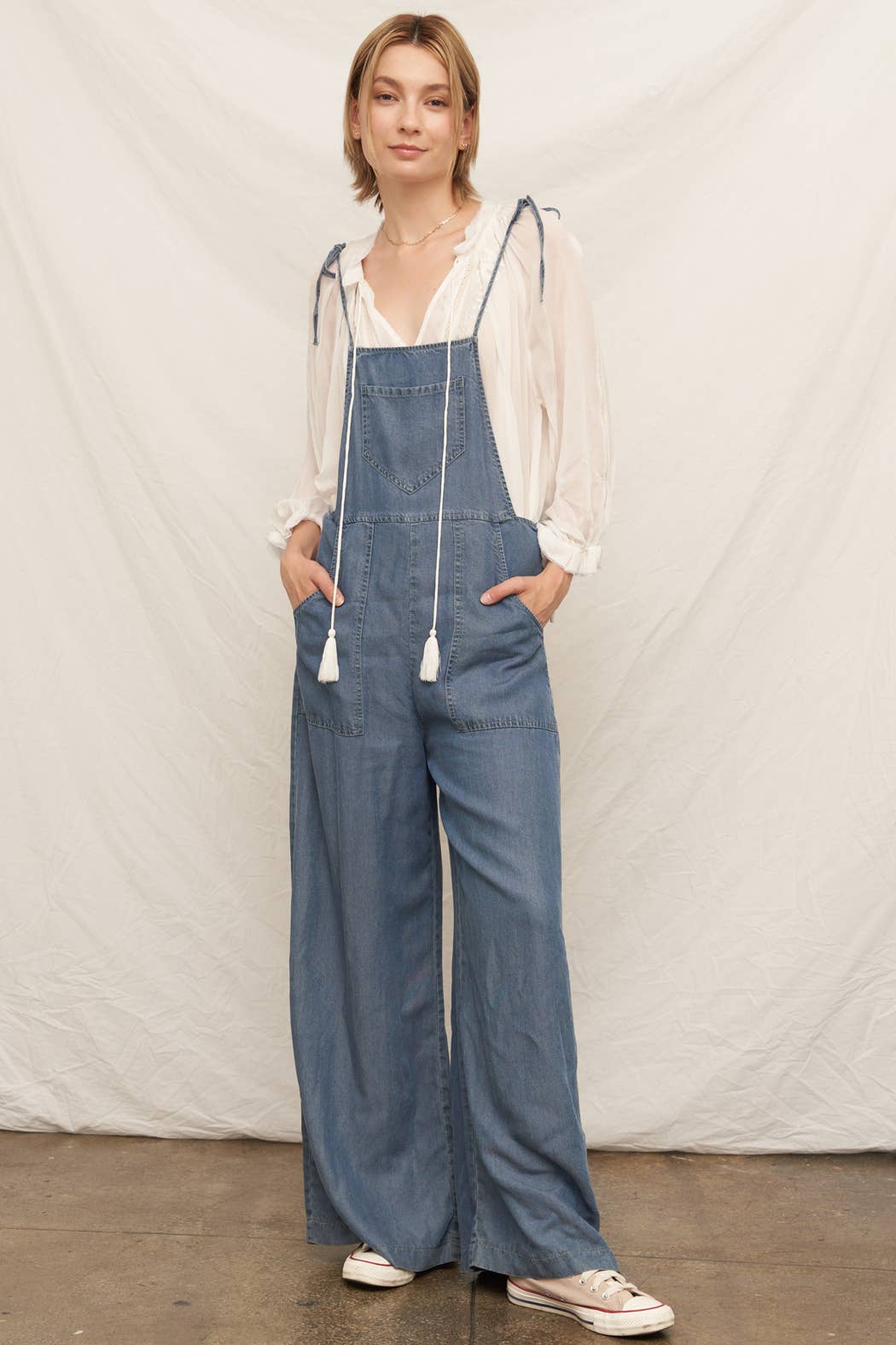 Tie Shoulder Soft Denim Jumpsuit
