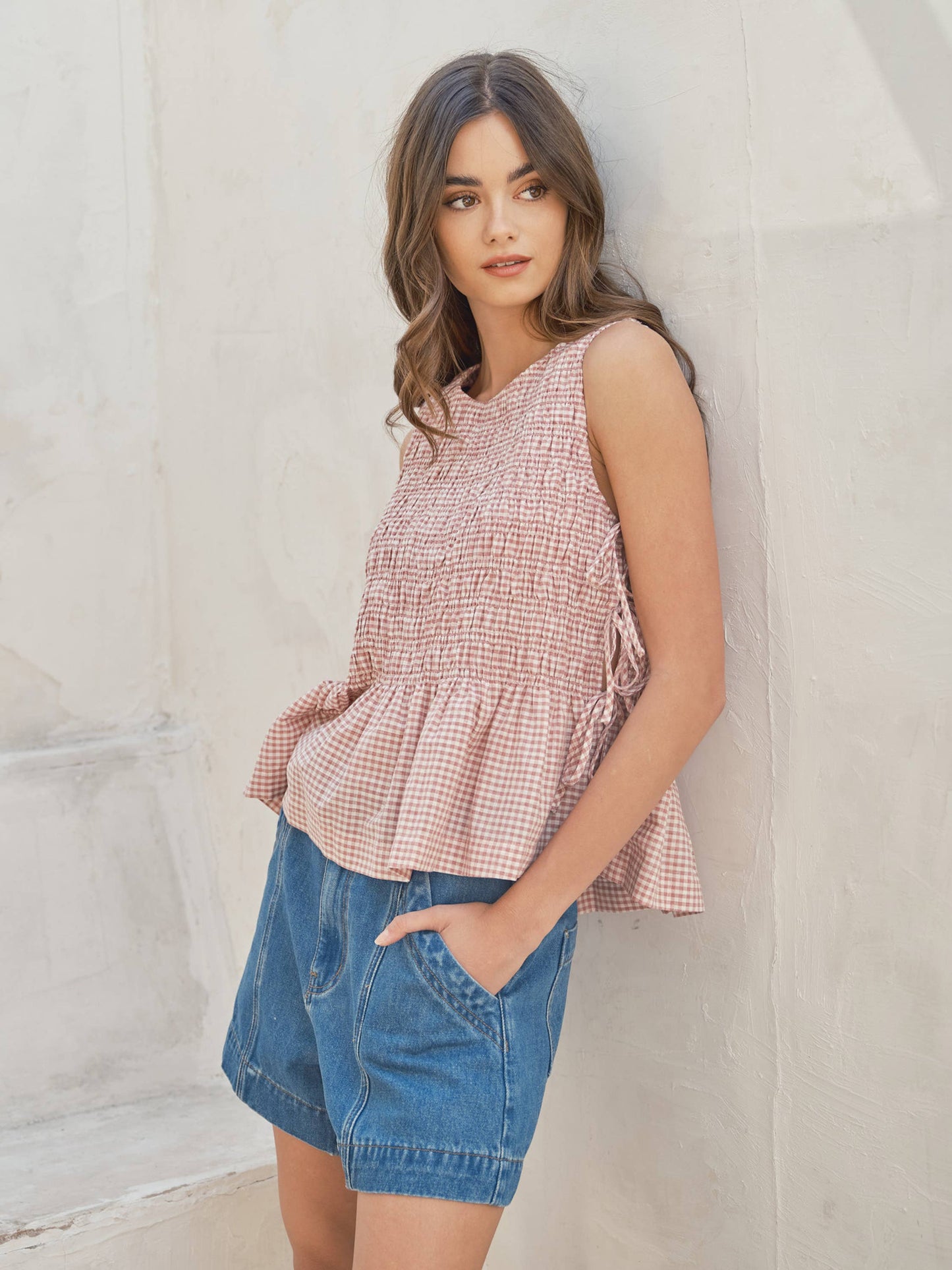 Sleeveless Denim Smocked Tie Top