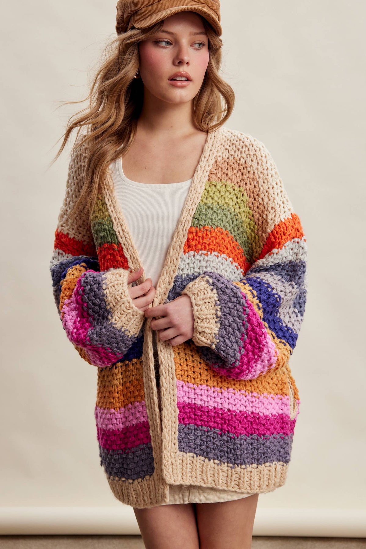 Rainbow Hand-Crochet Open Cardigan