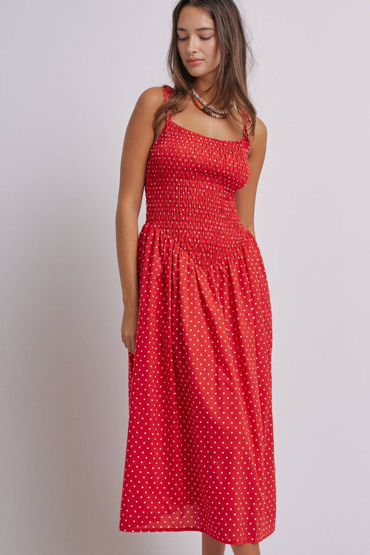 Polka Dot Smocked Cotton Midi Dress With Tie Straps
