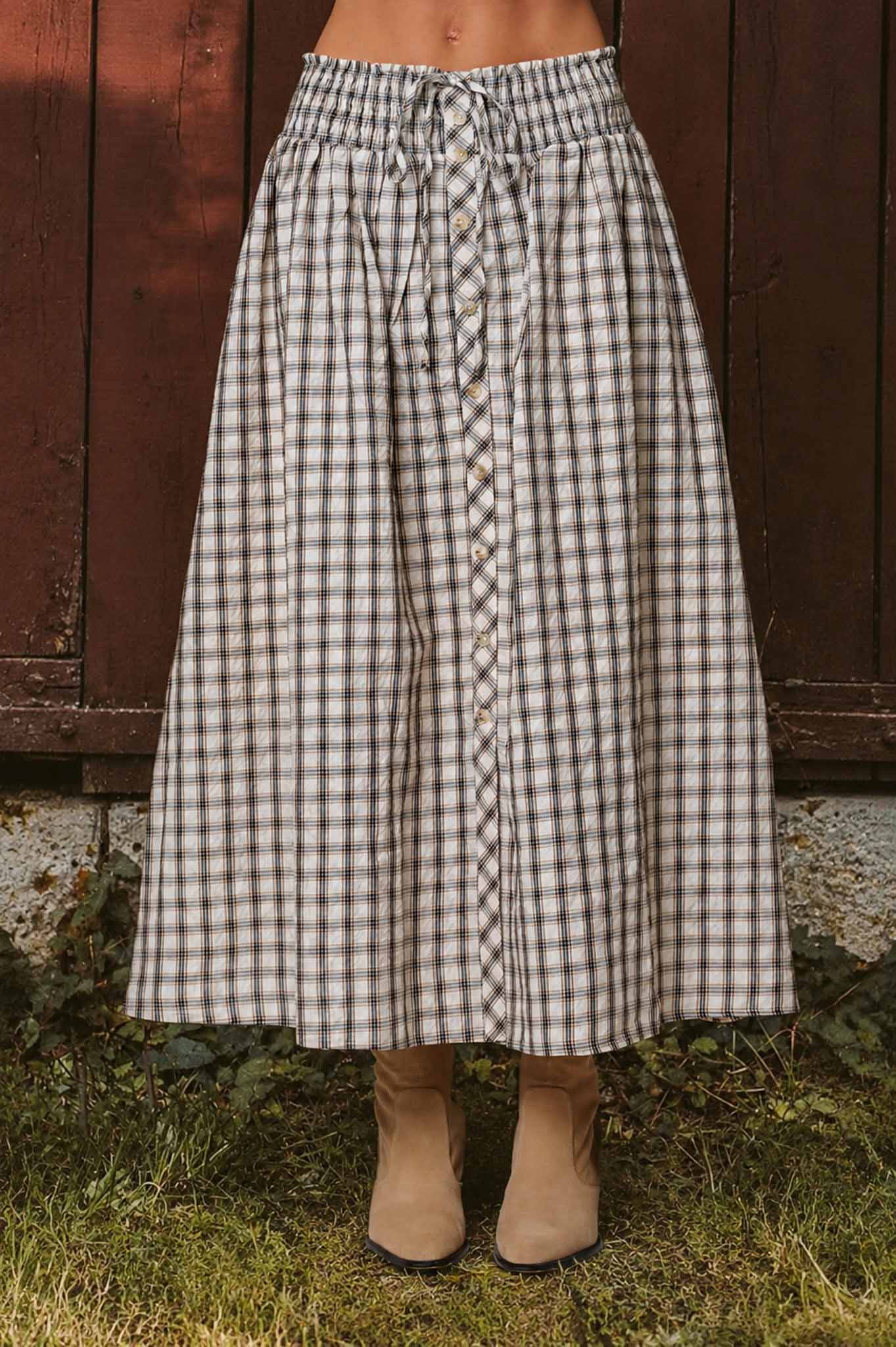 Plaid Smocked Waist Midi Skirt