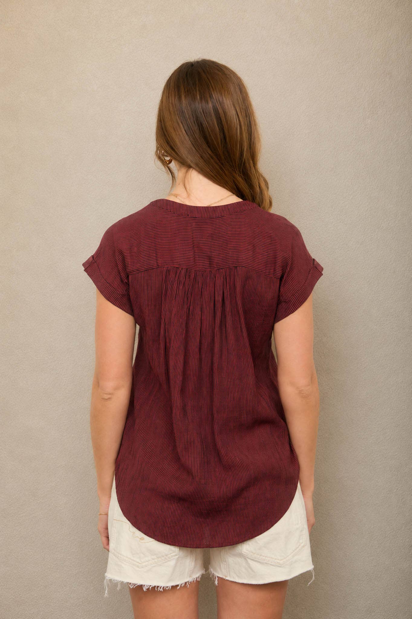 Wine Pinstripe Short Sleev Button Down Shirt