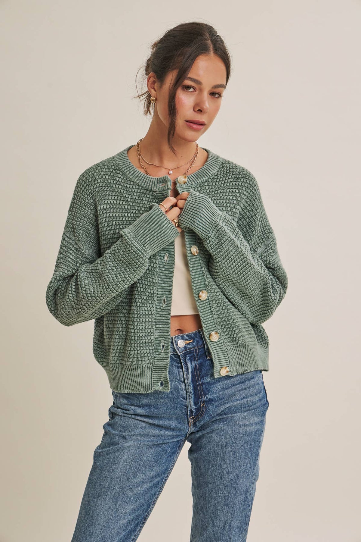 Sage Green Waffle Cardigan