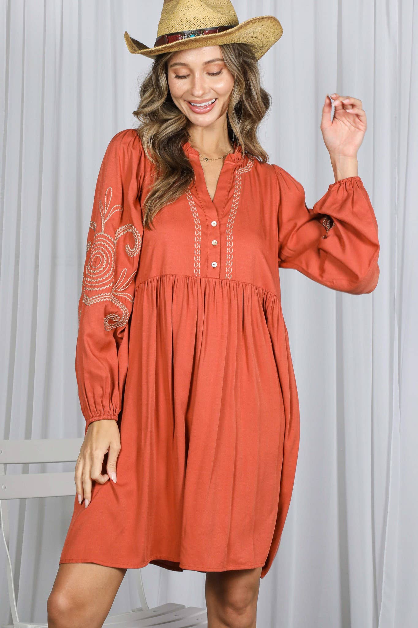 Paisley Embroidered V-Neck Baby Doll Dress