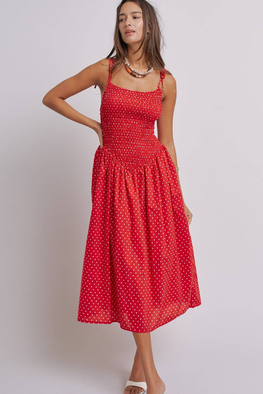 Polka Dot Smocked Cotton Midi Dress With Tie Straps