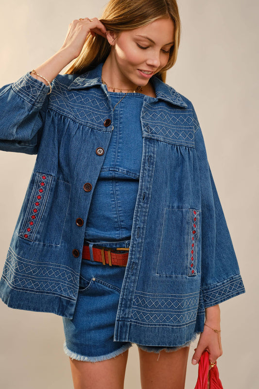 Embroidery Detailed Over Sized Denim Jacket 