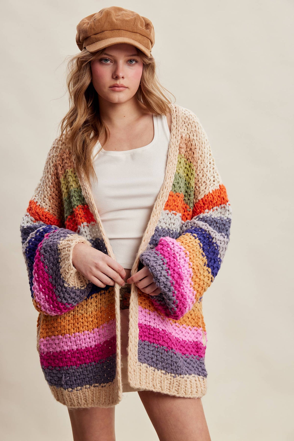 Rainbow Hand-Crochet Open Cardigan