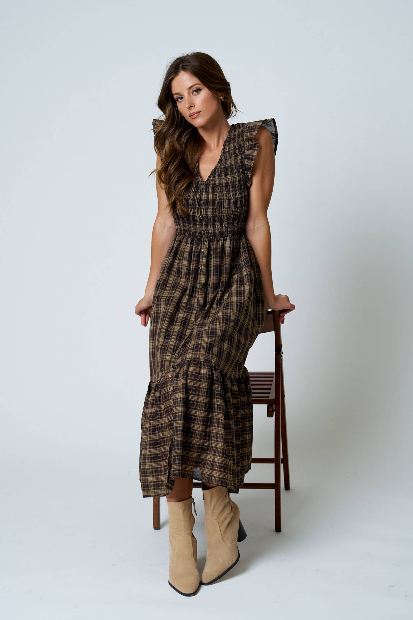 Plaid Smocked & Ruffled Midi Dress