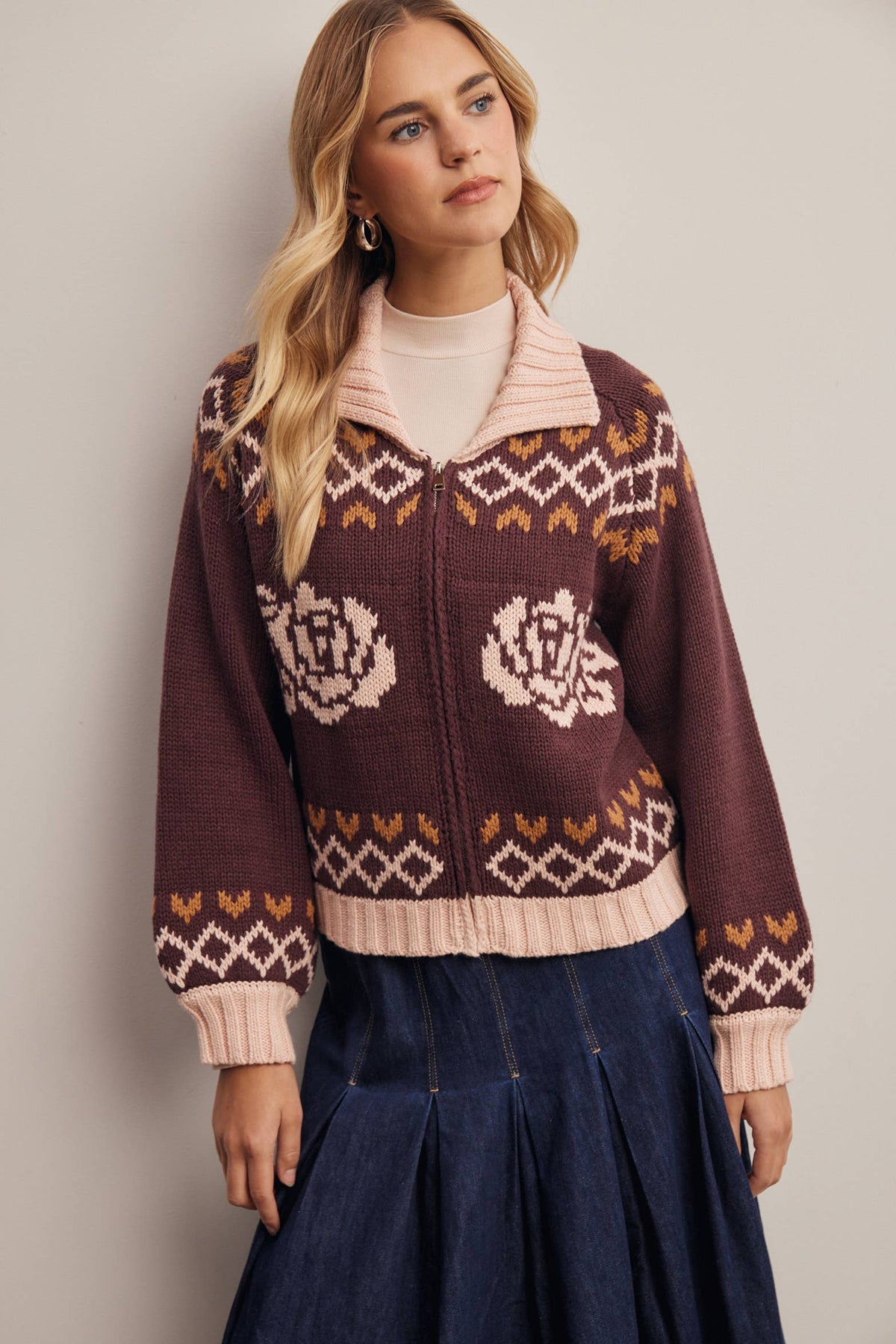Floral Fair Isle Zip-Up Knit Cardigan