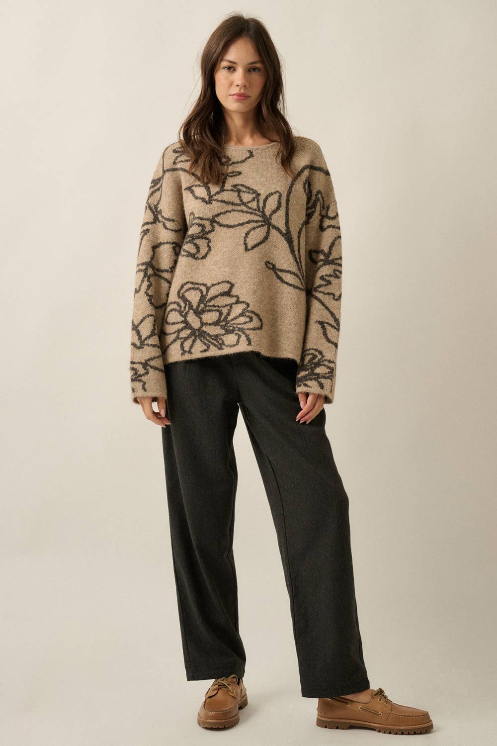 Floral Jacquard-Knit Drop-Shoulder Loose-Fit Sweater