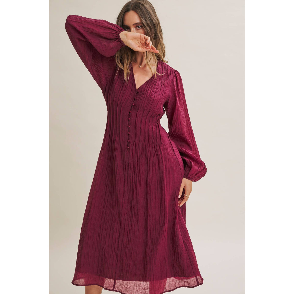 Crimson Crinckle Pintuck Dress