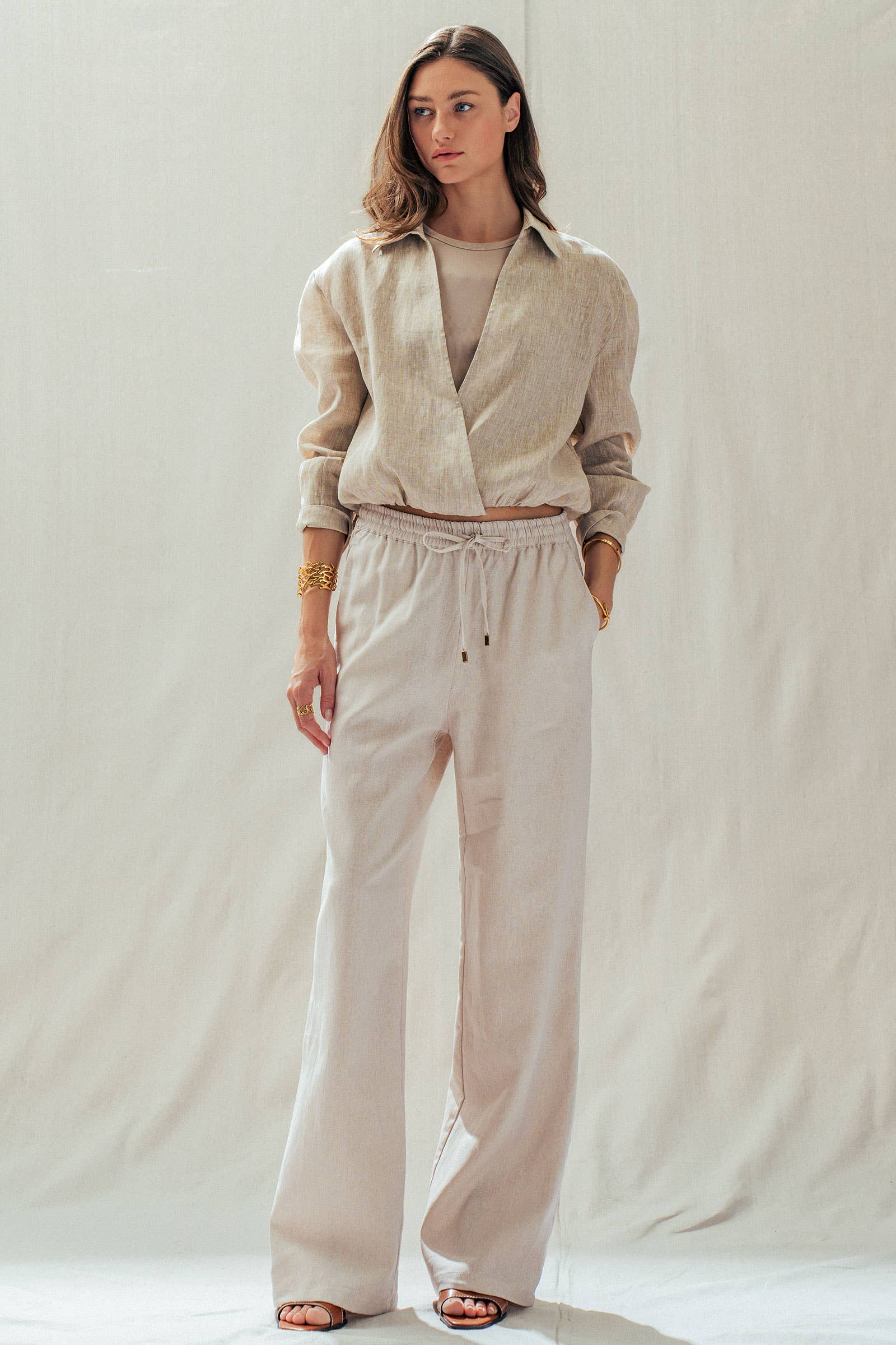 Linen Blend Wide Leg Pants Drawstring Waist 