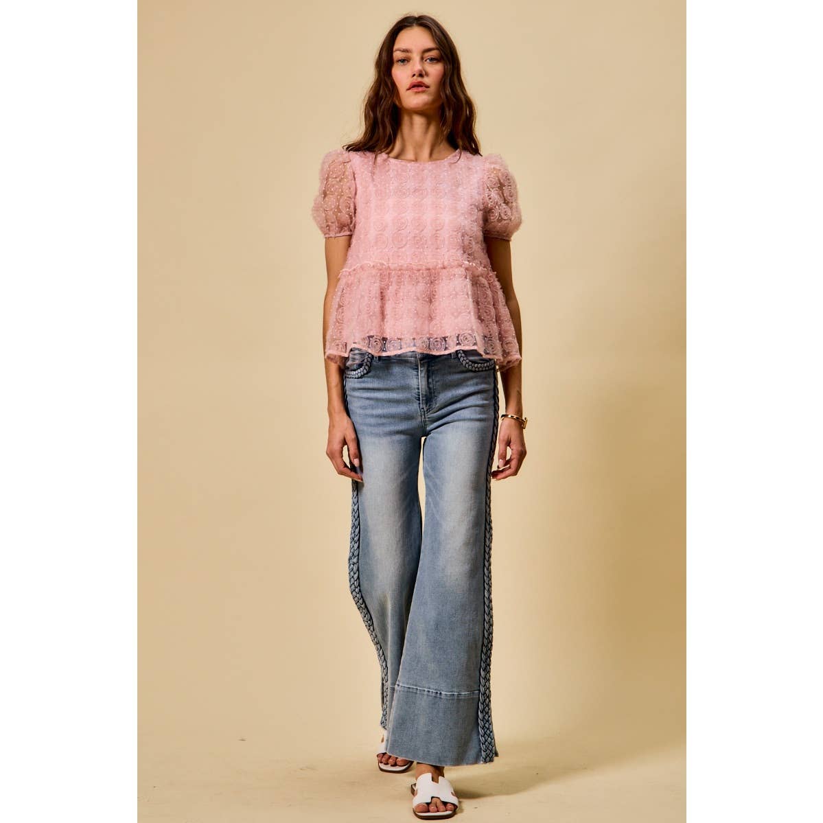 Wide Leg Flare Denim Jeans with Side Braids