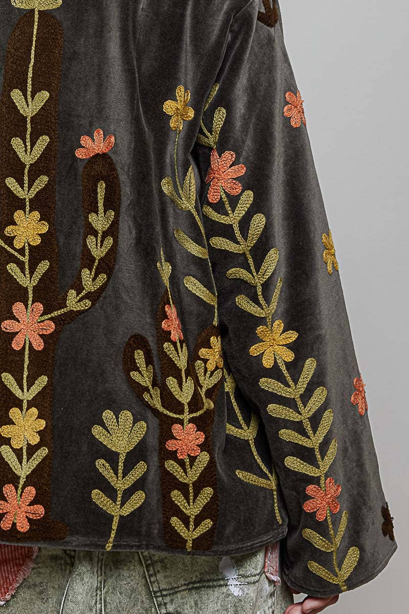 Vine Embroidery Floral Open-Front Closure Velvet Jacket