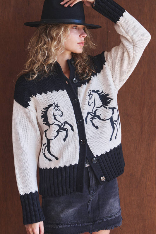 Western Horse Intarsia Knit Cardigan