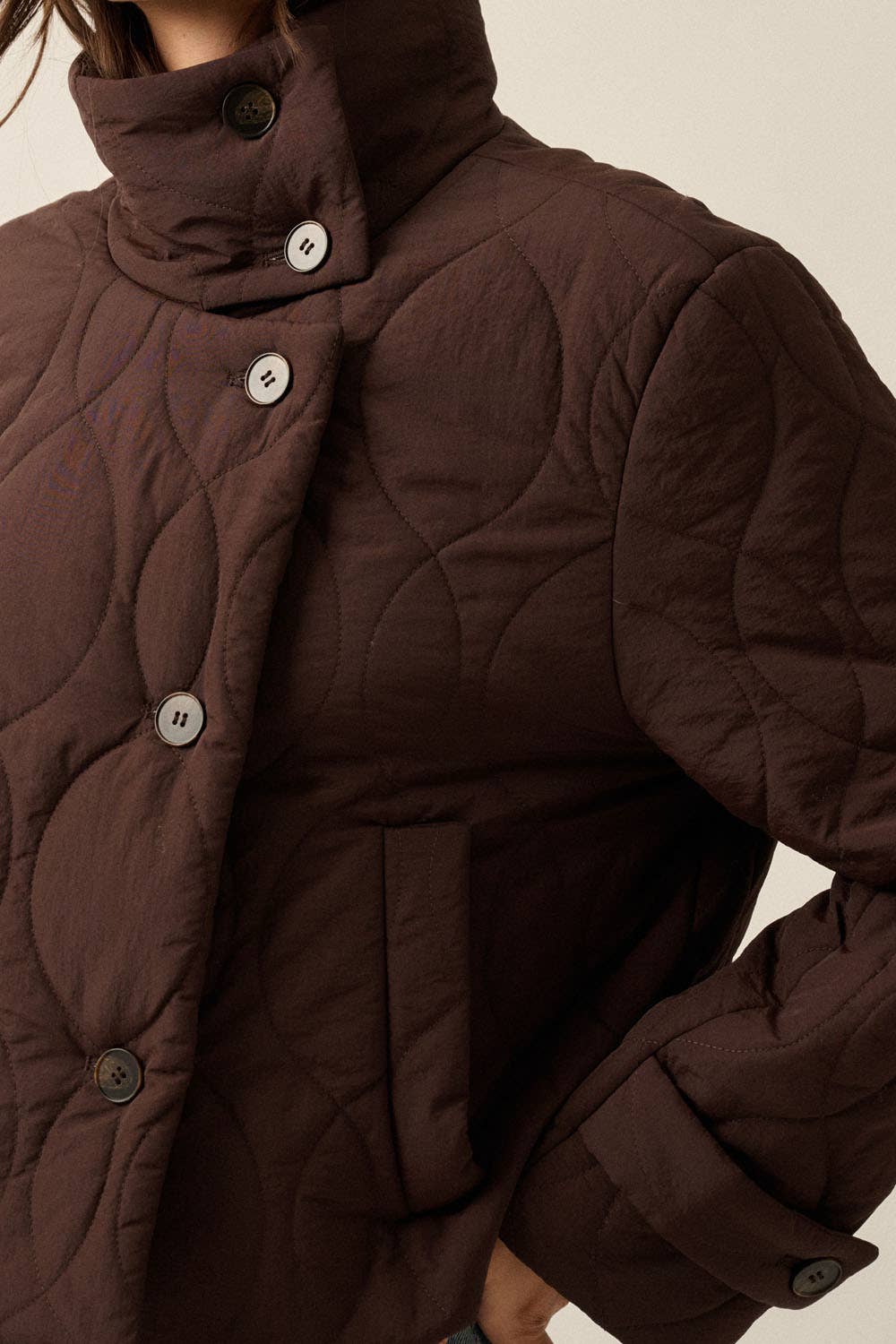 Solid Quilted High-Collar Button-Front Cropped Jacket
