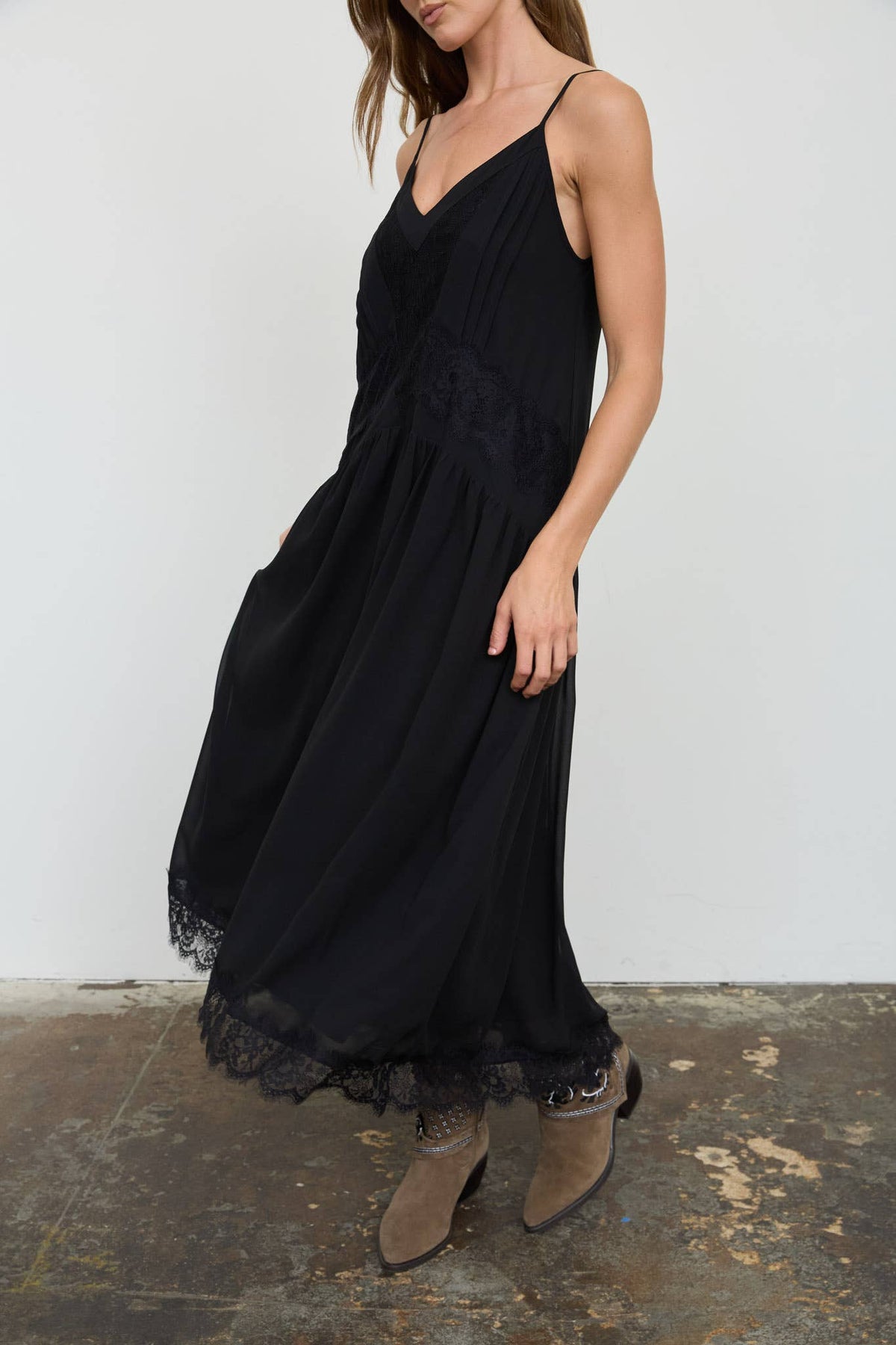 Drop Waist Lace Trim Midi Dress