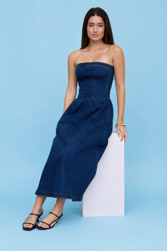 Strapless Denim Midi Dress