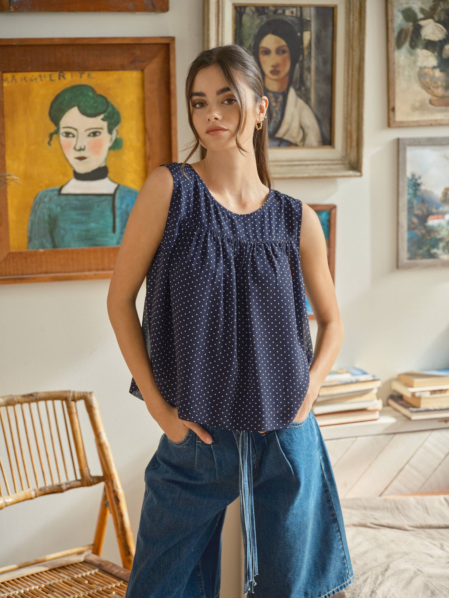 Navy Shirred Babydoll Flare Top