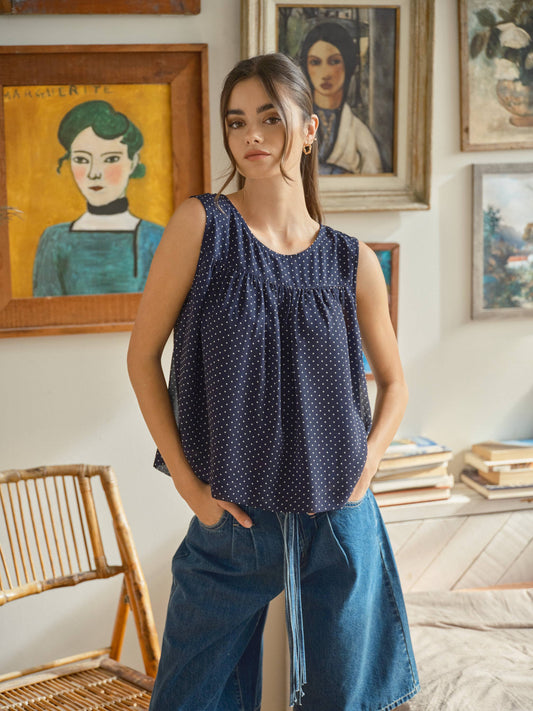 Navy Shirred Babydoll Flare Top
