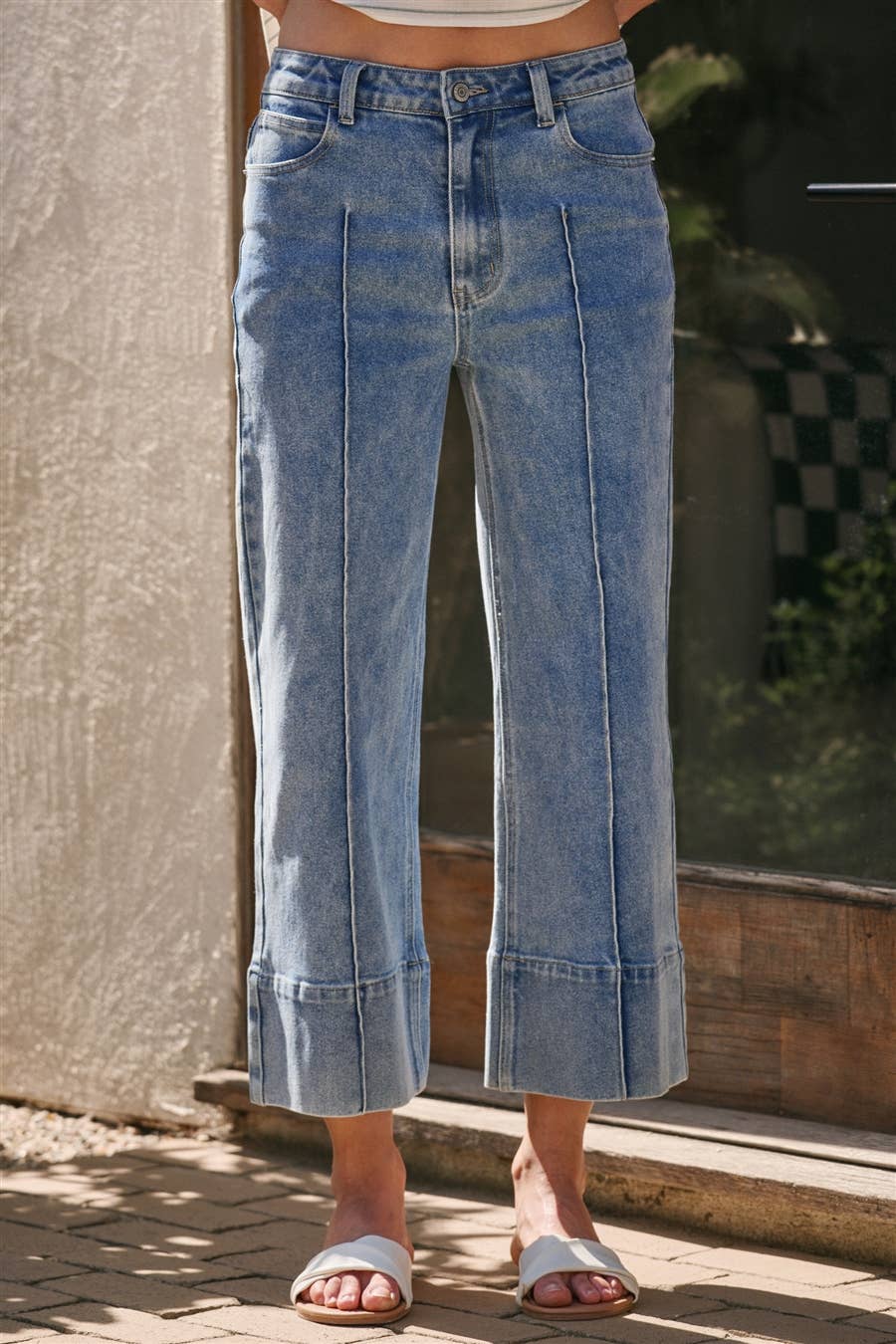 Mid Rise Stretch Denim Wide Leg Front Seamed Jeans