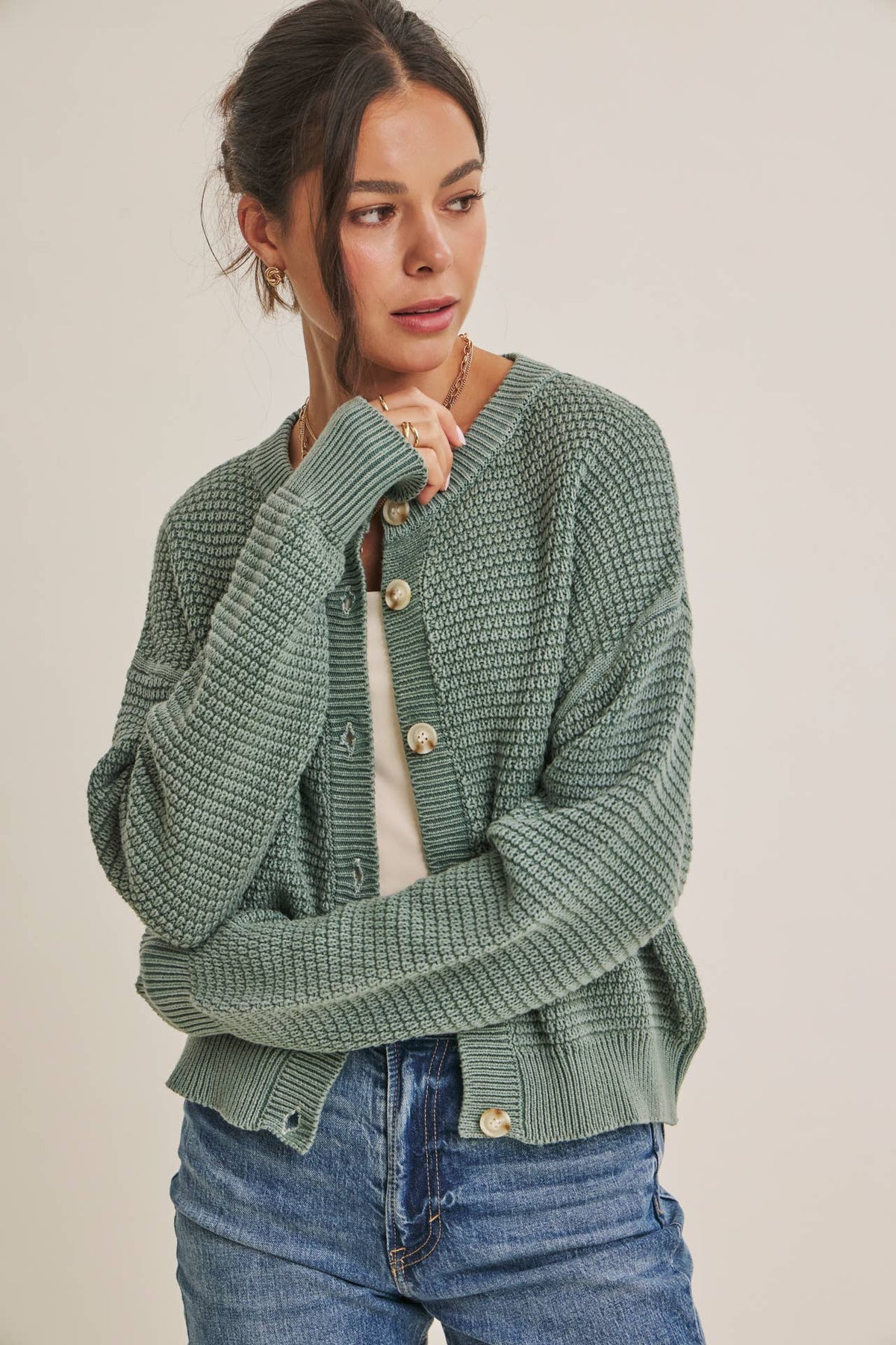 Sage Green Waffle Cardigan