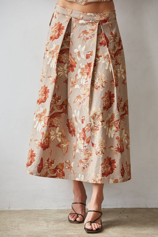 Woven Floral Print Pleated Flare Midi Skirt