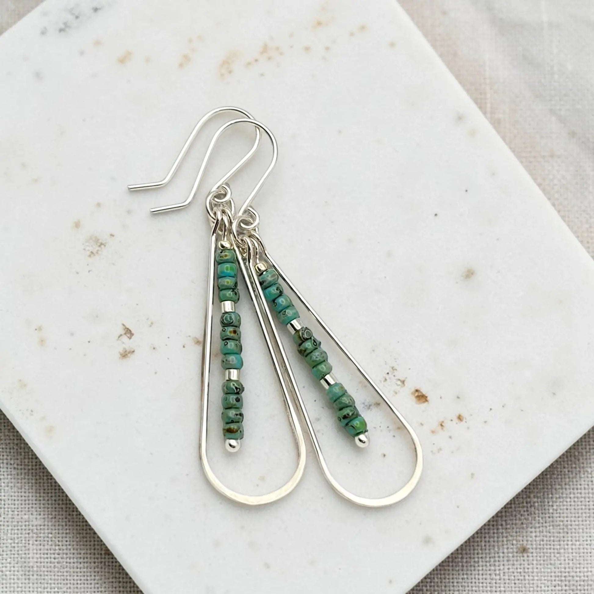 Long Silver Teardrop Hoop Earrings with Turquoise Beads 