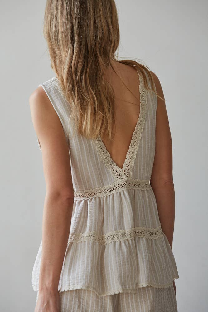 Woven Polyester Striped Plunged V-Neck Sleeveless