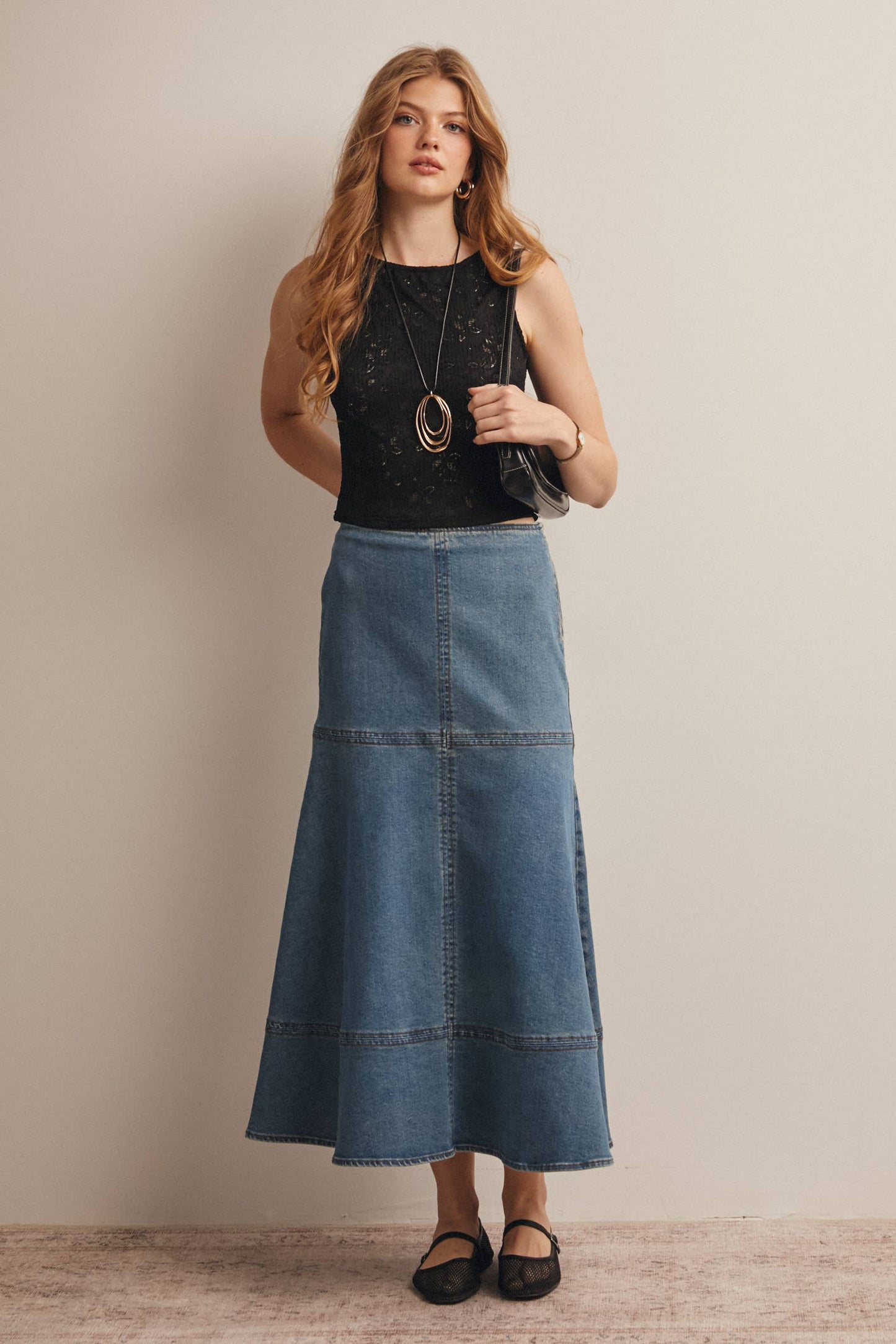 Panel Seam A-Line Denim Maxi Skirt