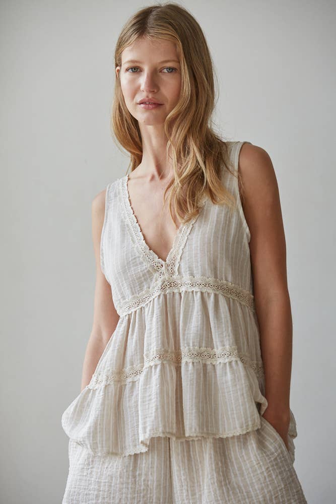 Woven Polyester Striped Plunged V-Neck Sleeveless
