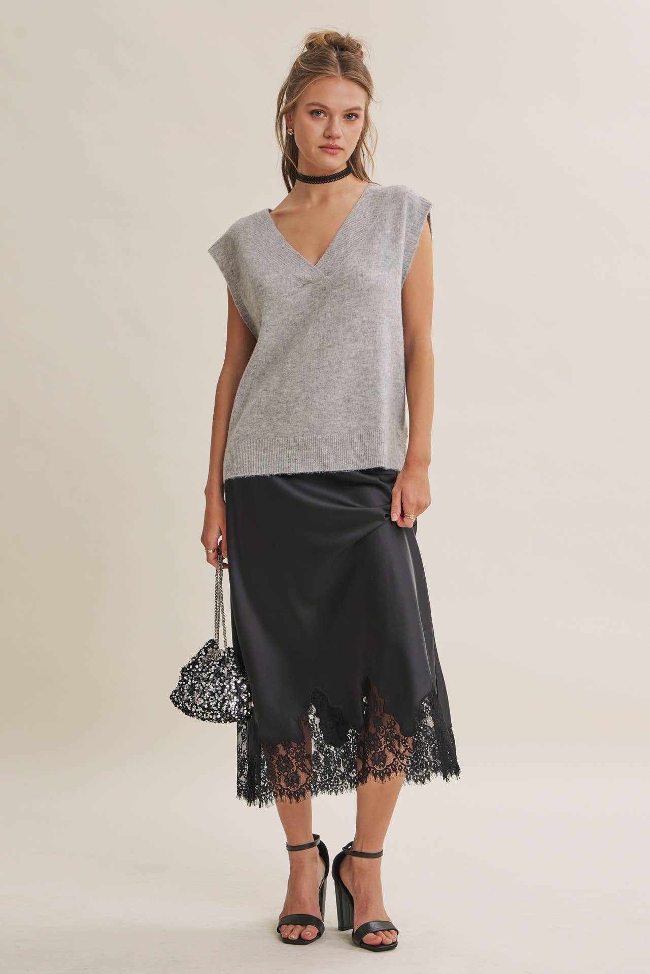French Lace Satin Midi Skirt