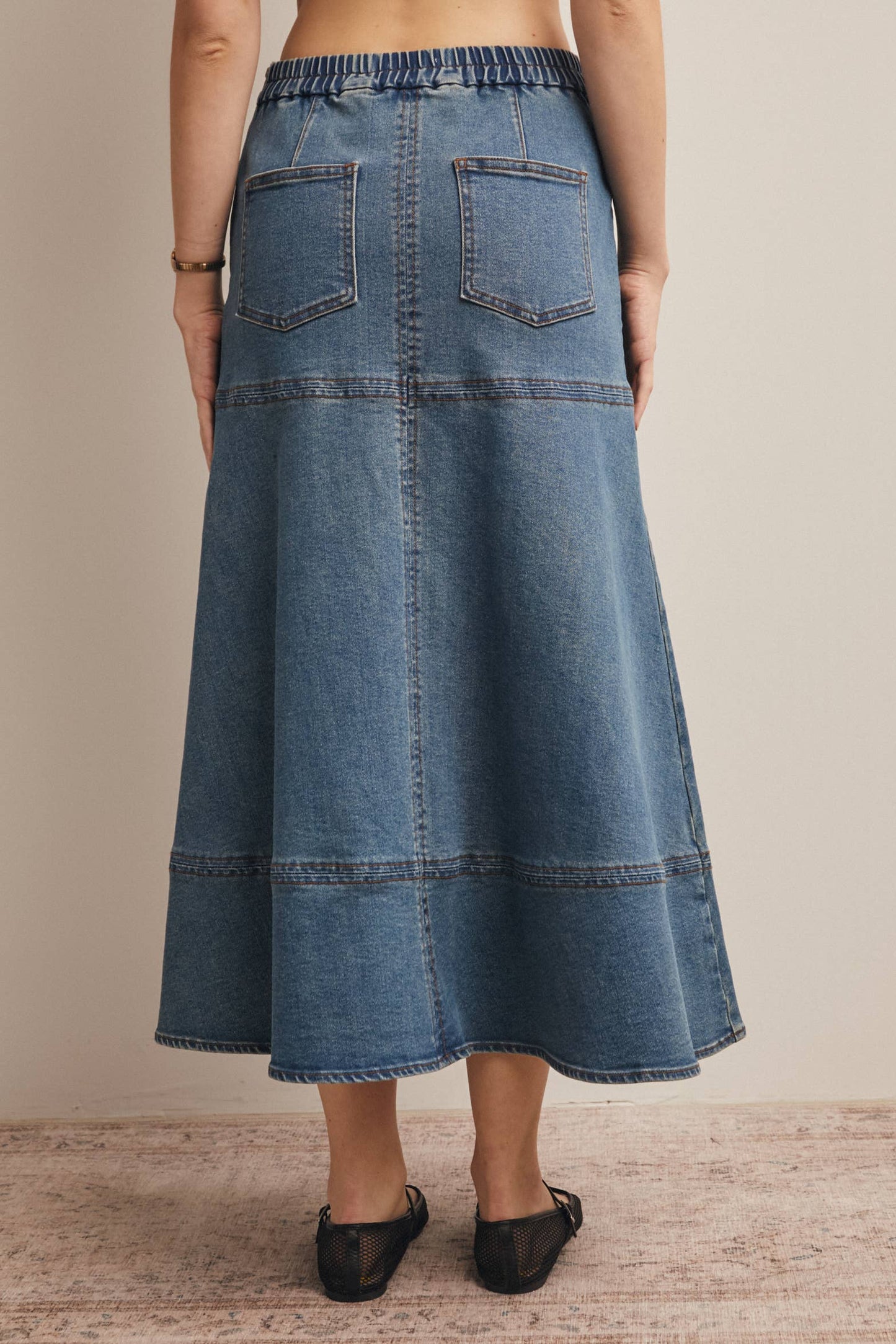 Panel Seam A-Line Denim Maxi Skirt