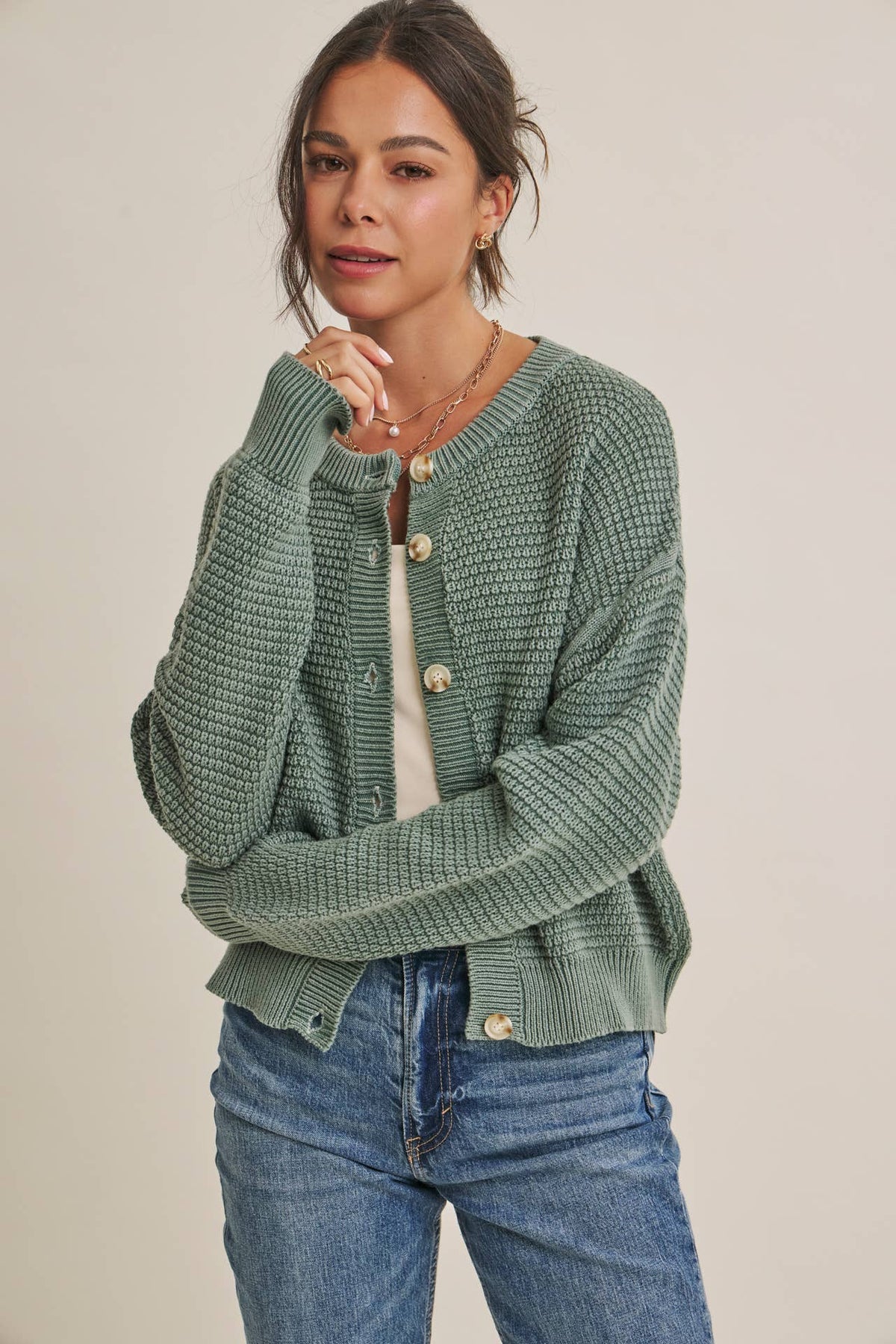 Sage Green Waffle Cardigan