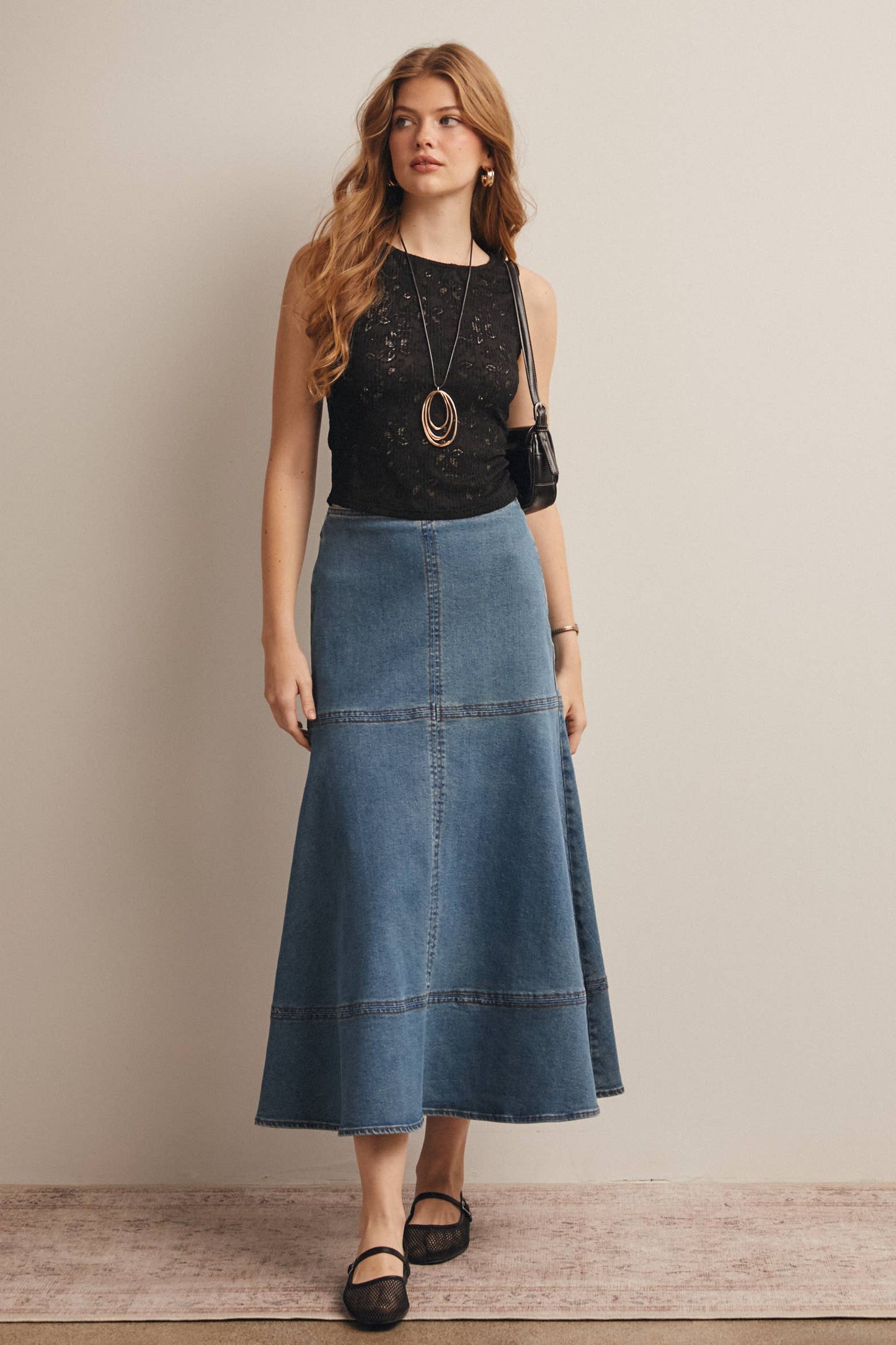 Panel Seam A-Line Denim Maxi Skirt