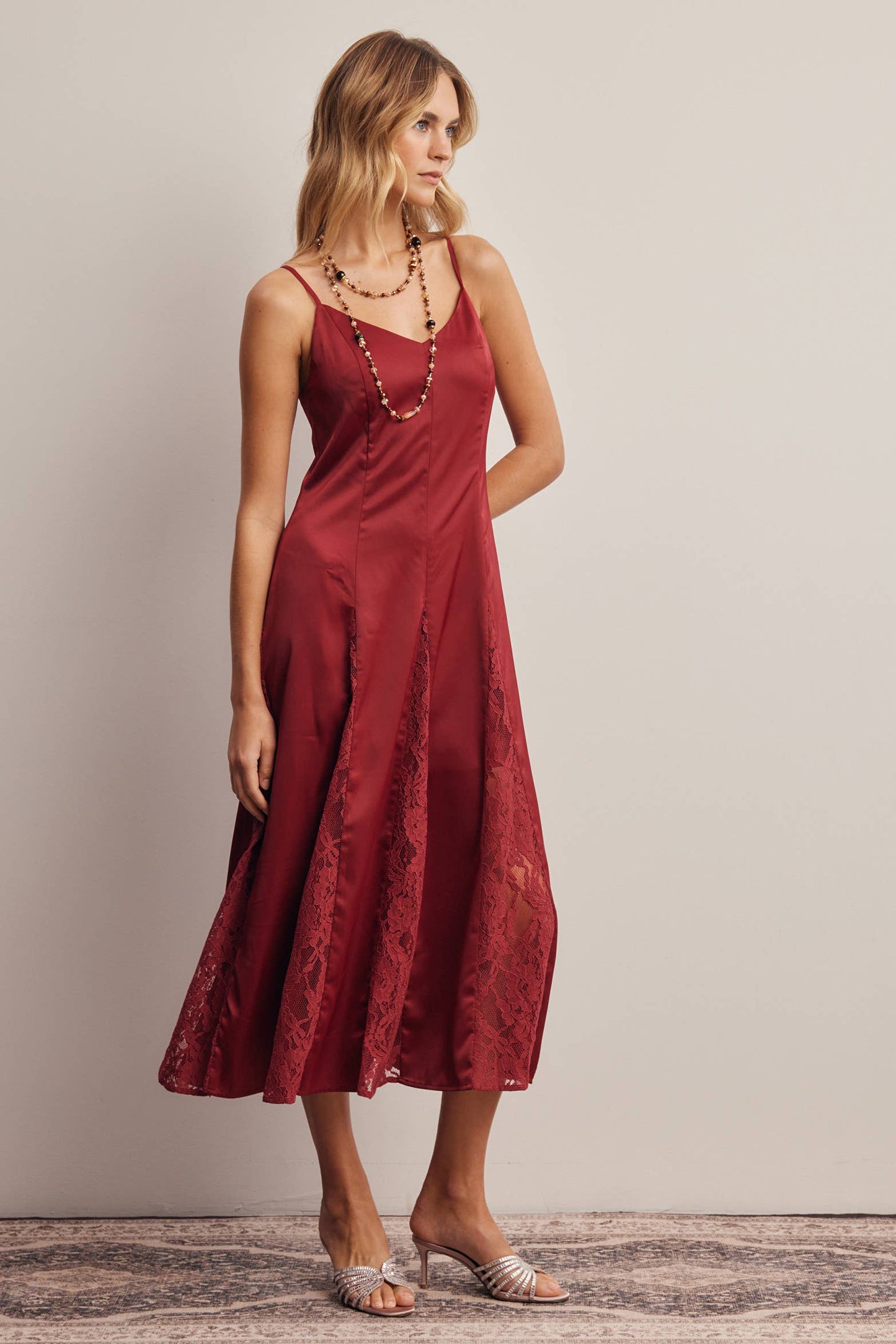 Lace Panel Satin Slip Midi Dress