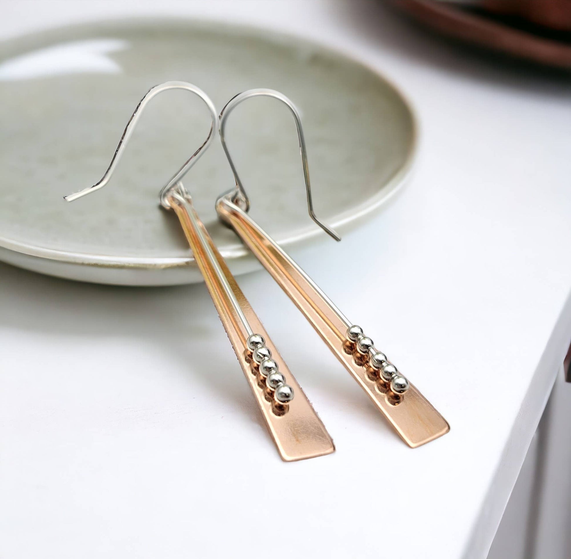 Long Bar Copper and Silver Earrings 