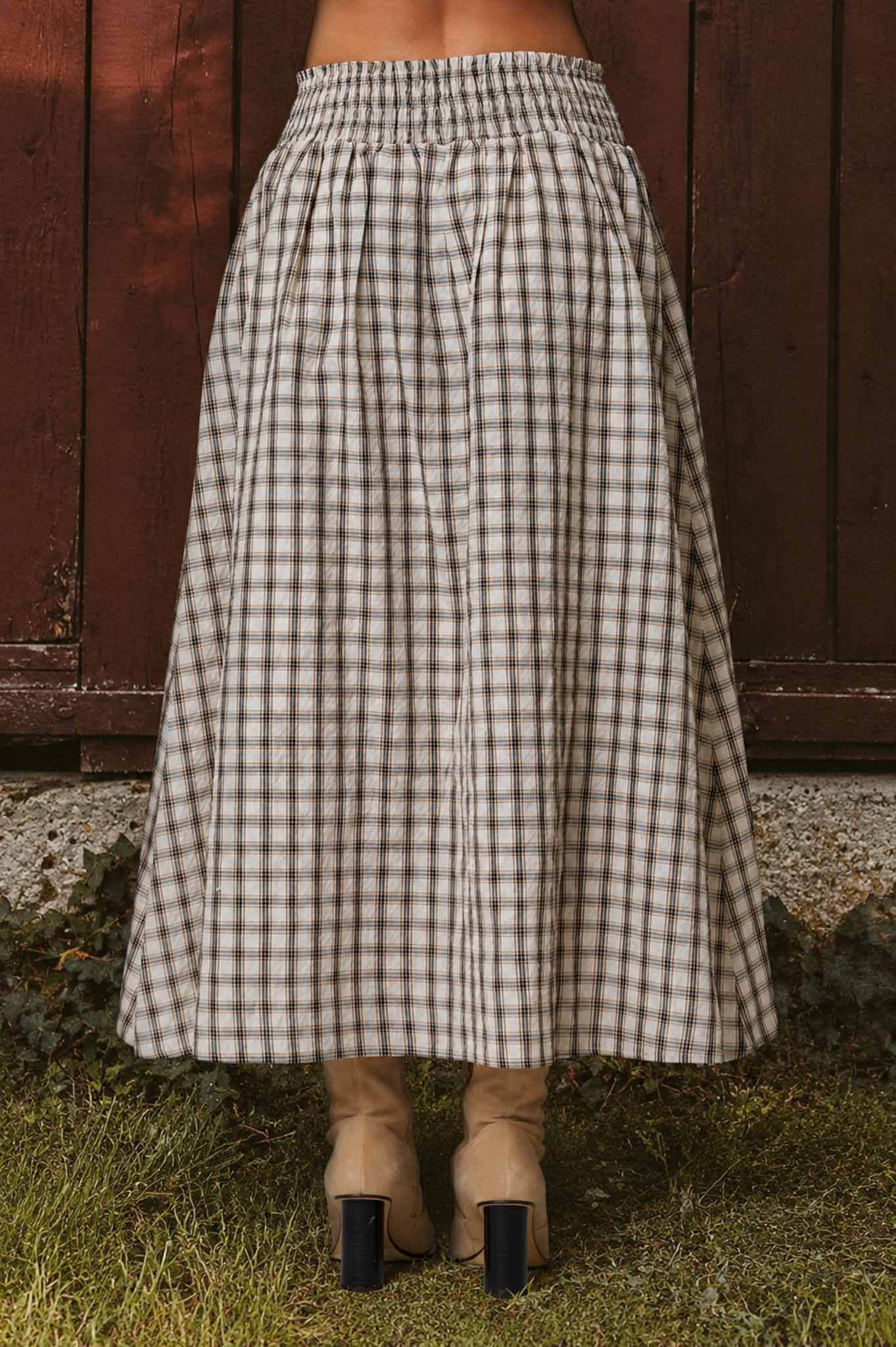 Plaid Smocked Waist Midi Skirt