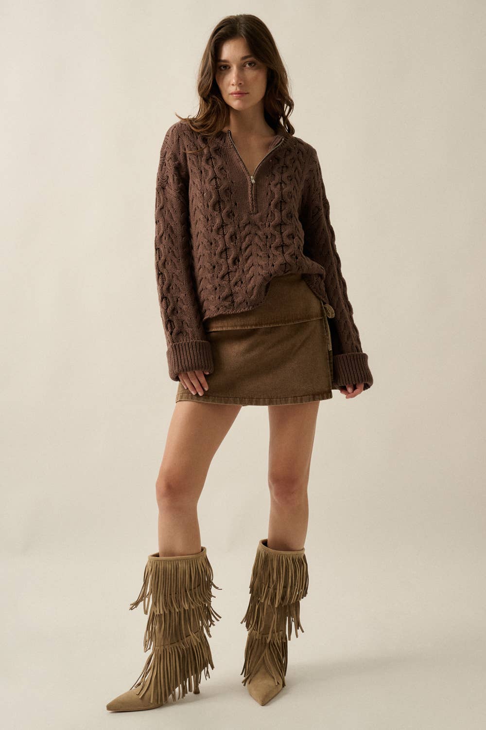 Cable-Knit Half-Zip Cuffed Drop-Shoulder Sweater