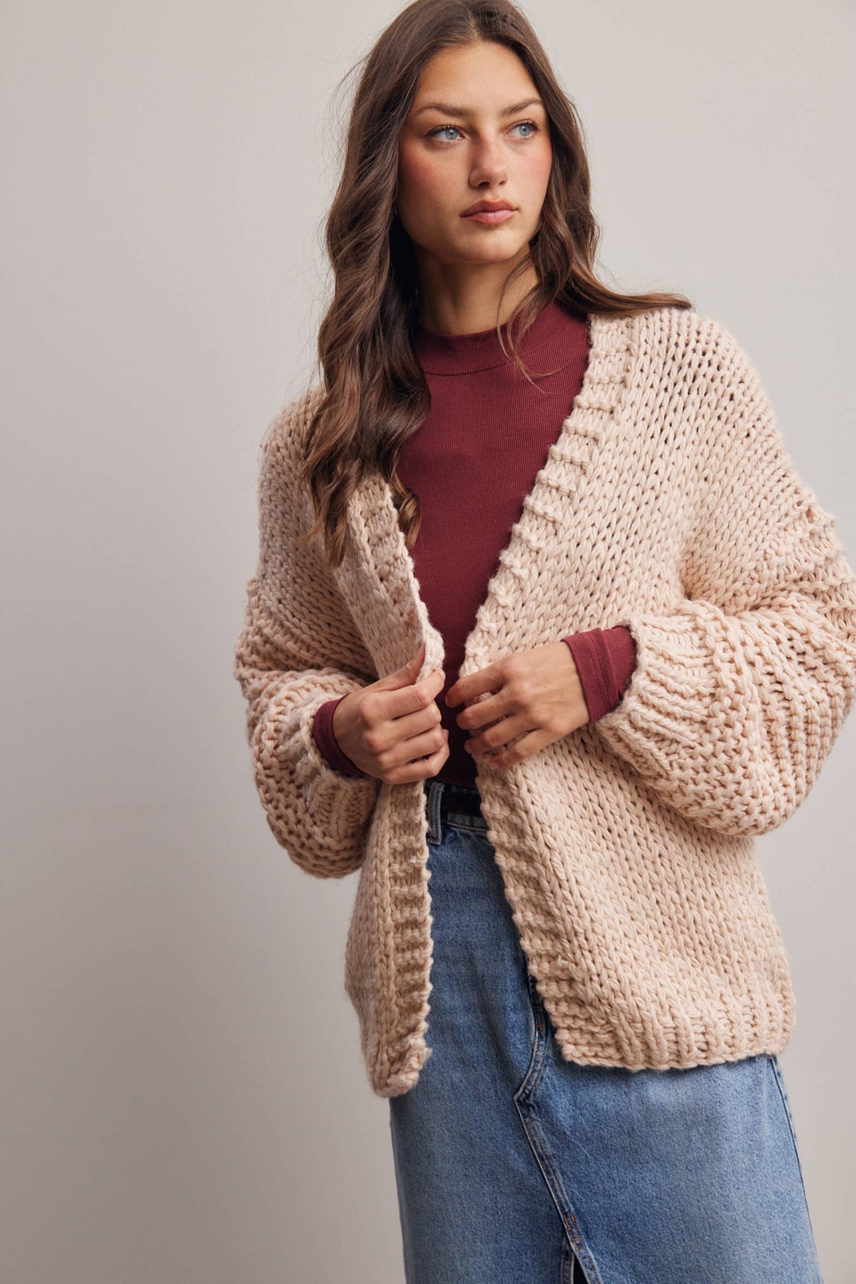 Chunky Knit Heart Back Cardigan in Blush
