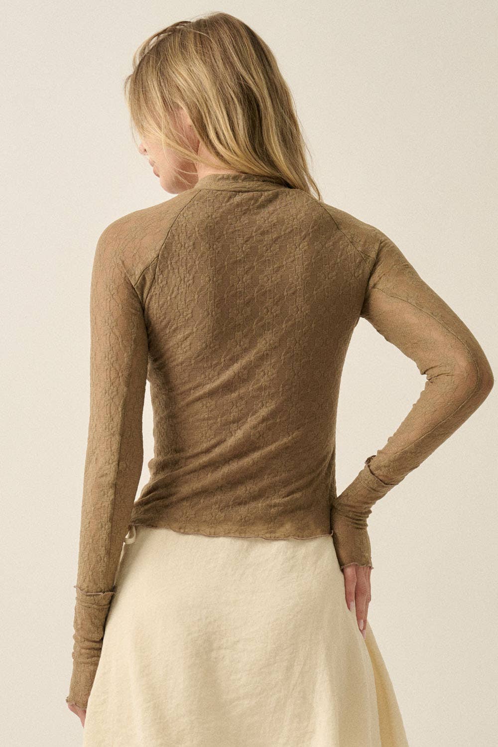Floral Lace Mock-Neck Fitted Long-Sleeve Thumbhole Top
