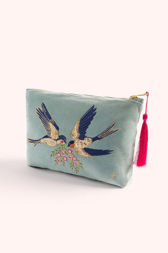 Swallows Velvet Embroidered Zip Pouch Powder Design